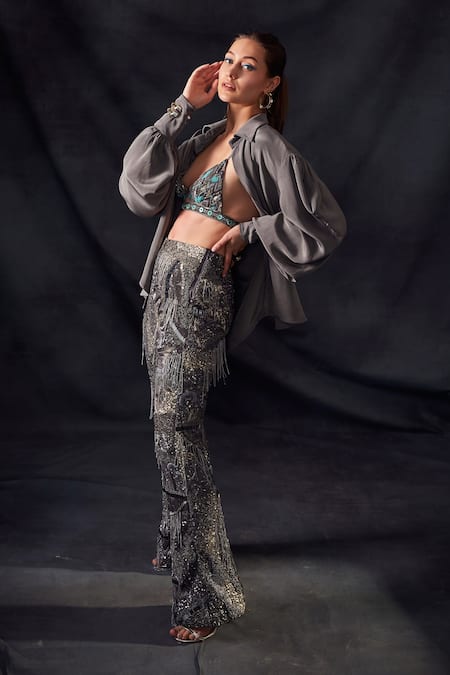 Nikita Mhaisalkar_Grey Tulle Oxidised Gun Metal V Neck Embroidered Bralette_Online_at_Aza_Fashions