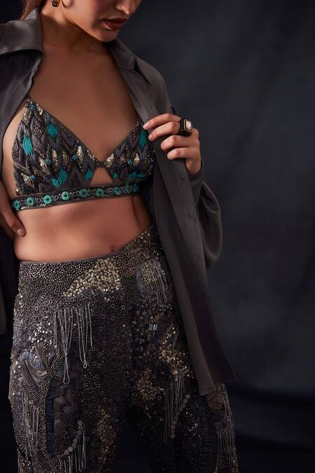 Buy_Nikita Mhaisalkar_Grey Tulle Oxidised Gun Metal V Neck Embroidered Bralette_Online_at_Aza_Fashions