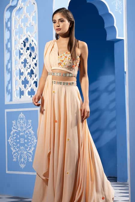 Tamaraa By Tahani Peach Double Georgette Asymmetric Applique Lehenga Set Online at Aza Fashions Tamaraa By Tahani_Peach Double Georgette Asymmetric Applique Lehenga Set _Online_at_Aza_Fashions