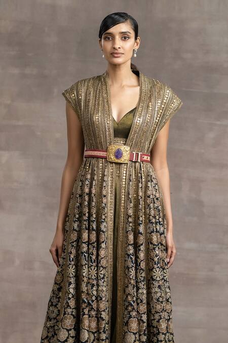 Buy_Tarun Tahiliani_Black Floral Pattern Plunge V Neck Embroidered Jacket With Pant Set_Online_at_Aza_Fashions