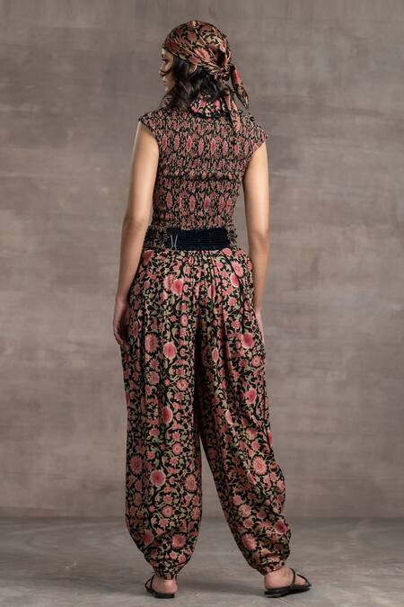 Tarun Tahiliani Black Printed Floral Pattern Frill Lapel Blouse And Draped Trouser Set  2