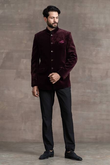 Tarun Tahiliani_Wine Velvet Floral Etching Bandhgala With Trouser Set_Online_at_Aza_Fashions