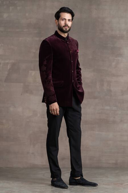 Buy_Tarun Tahiliani_Wine Velvet Floral Etching Bandhgala With Trouser Set_Online_at_Aza_Fashions