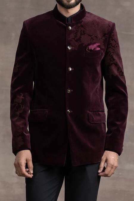 Shop_Tarun Tahiliani_Wine Velvet Floral Etching Bandhgala With Trouser Set_Online_at_Aza_Fashions