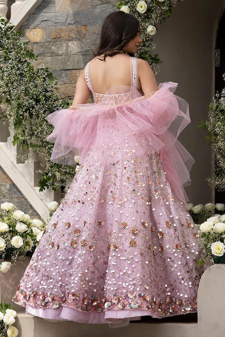 Shop Tamaraa By Tahani Purple Silk And Net Mirror & Cutdana, Sequin, Bead Round Lehenga Set at Aza Fashions Shop_Tamaraa By Tahani_Purple Silk And Net Mirror & Cutdana, Sequin, Bead Round Lehenga Set_at_Aza_Fashions