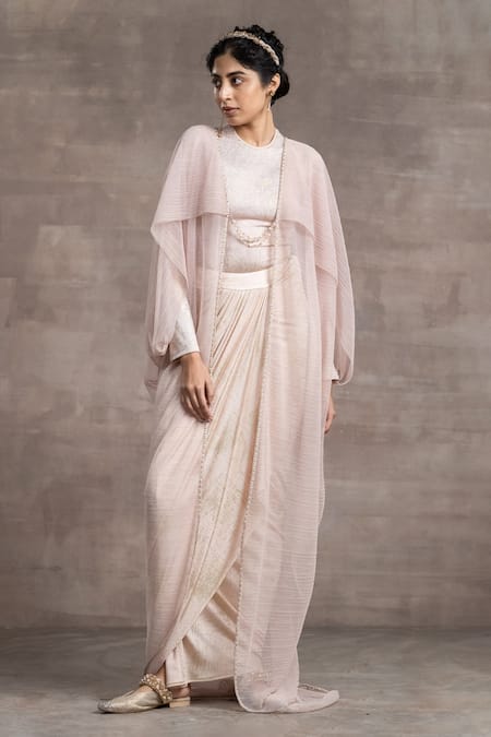Tarun Tahiliani_Peach Cape Crinkle Tulle Embroidery Beads Round And Draped Skirt Set _Online_at_Aza_Fashions