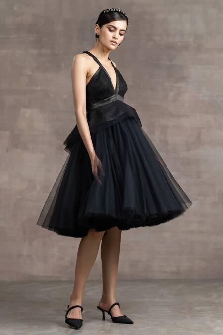 Tarun Tahiliani_Black Tulle V Neck Peplum Dress_Online_at_Aza_Fashions