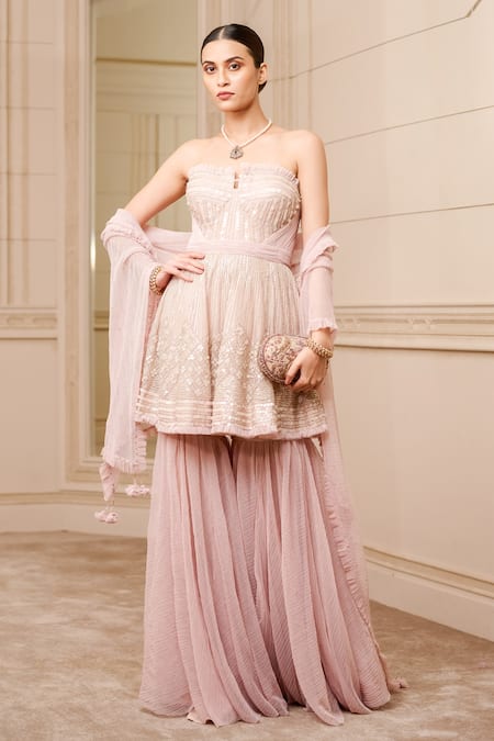 Tarun Tahiliani Pink Crinkle Net And Tulle Embellishment Sequin Strapless Peplum Kurta Sharara Set