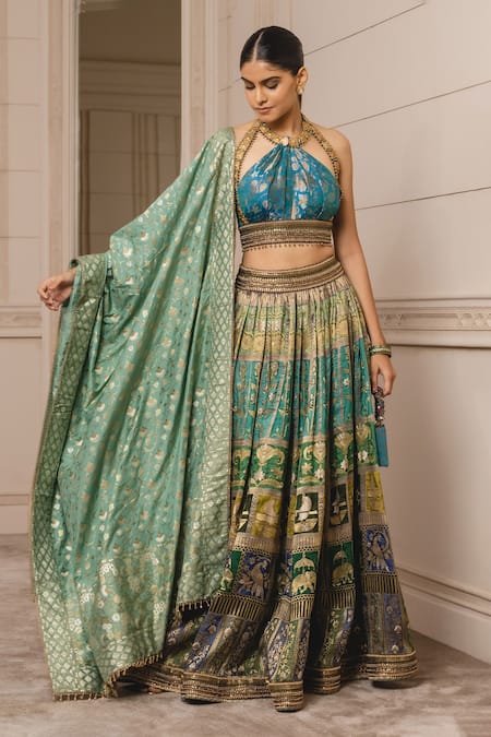 Buy Emerald Green Sheer Silk Embroidered Floral Pattern Bridal Lehenga Set  For Women by Tarun Tahiliani Online at Aza Fashions.