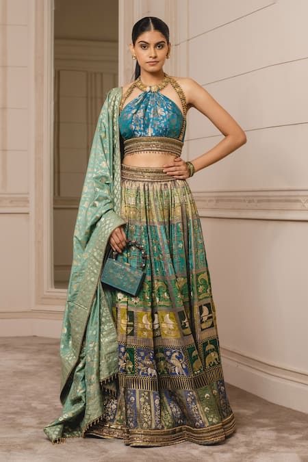 Tarun Tahiliani_Green Jacquard And Brocade Sequin & Beads Halter Floral Motifs Lehenga Set_Online_at_Aza_Fashions