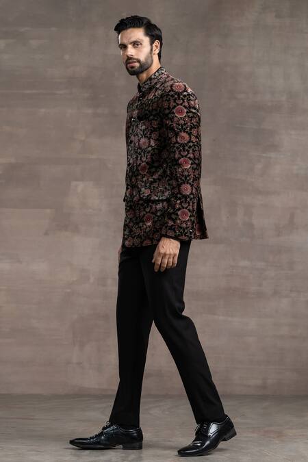 Buy_Tarun Tahiliani_Black Silk Velvet Printed Floral Bandhgala Set_Online_at_Aza_Fashions