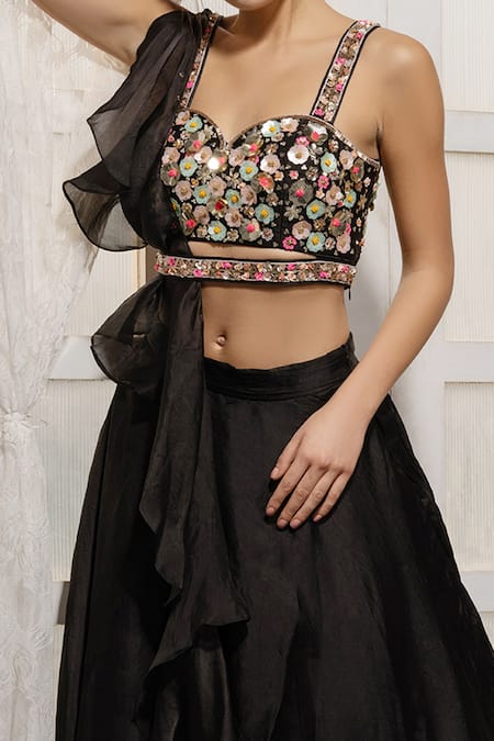 Tamaraa By Tahani_Black Organza, Silk Taffeta Sweetheart Neck Lehenga Set _at_Aza_Fashions