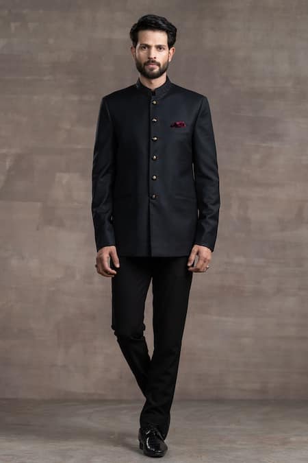 Tarun Tahiliani Black Crepe Wool Plain Bandhgala Set 