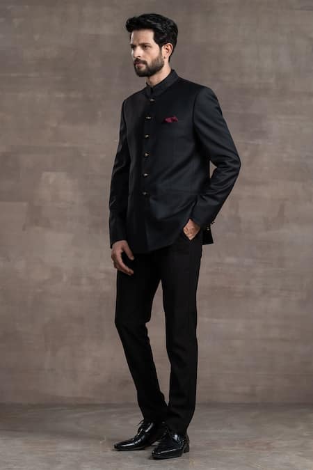 Tarun Tahiliani_Black Crepe Wool Bandhgala Set_Online_at_Aza_Fashions