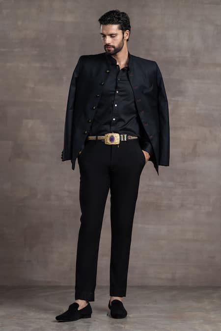 Buy_Tarun Tahiliani_Black Crepe Wool Bandhgala Set_Online_at_Aza_Fashions