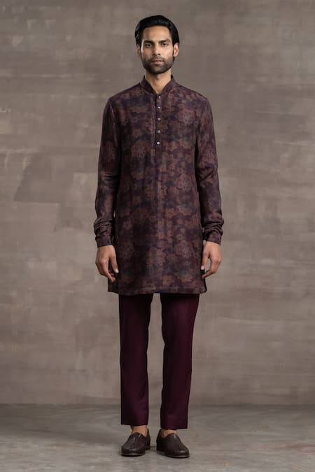 Tarun Tahiliani Wine Dupion Silk Printed Floral Kurta Set 