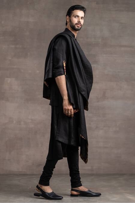 Tarun Tahiliani_Black Linen Draped Kurta Set_Online_at_Aza_Fashions
