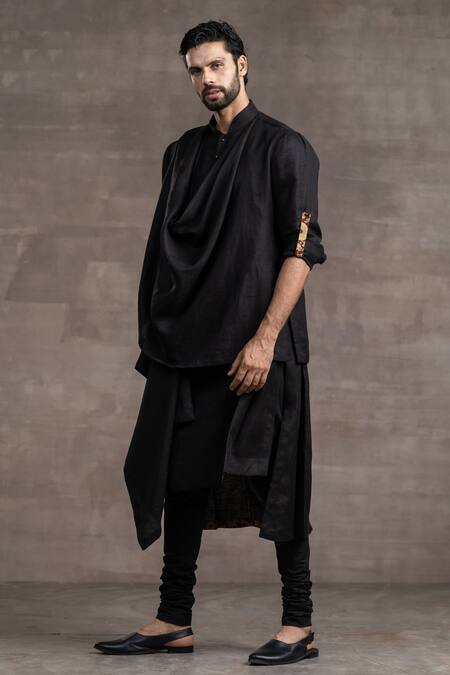 Buy_Tarun Tahiliani_Black Linen Draped Kurta Set_Online_at_Aza_Fashions