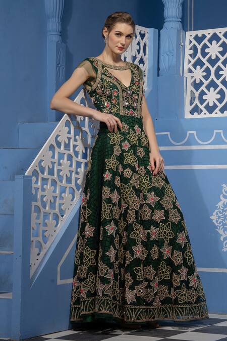 Tamaraa By Tahani_Green Tulle, Duchess Satin V Neck Embroidered Gown _Online_at_Aza_Fashions