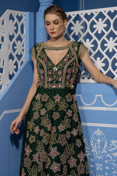 Tamaraa By Tahani_Green Tulle, Duchess Satin V Neck Embroidered Gown _at_Aza_Fashions