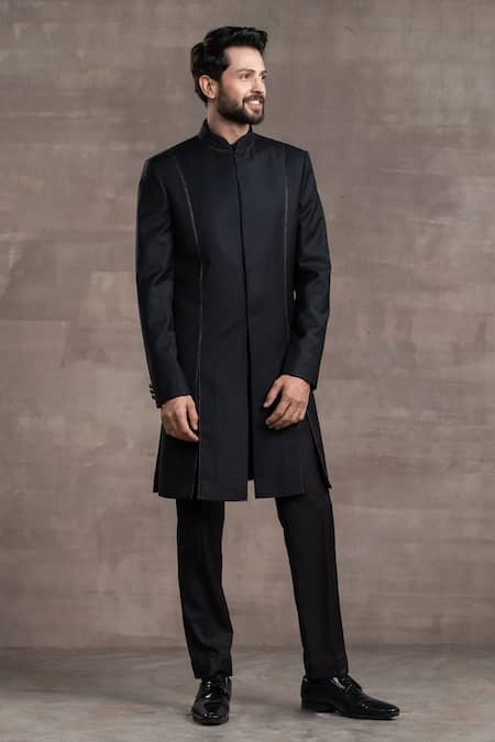 Tarun Tahiliani Crepe Wool Panelled Sherwani Set 