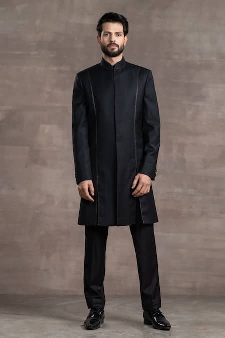 Tarun Tahiliani_Black Crepe Wool Kantha Panelled Sherwani Set_Online_at_Aza_Fashions