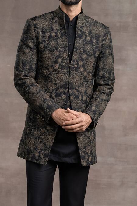 Shop_Tarun Tahiliani_Black Silk Floral Quilted Pattern Sherwani Set_Online_at_Aza_Fashions