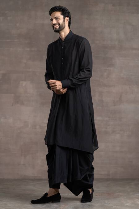 Tarun Tahiliani_Black Sushi Voile Asymmetric Kurta And Dhoti Pant Set_Online_at_Aza_Fashions