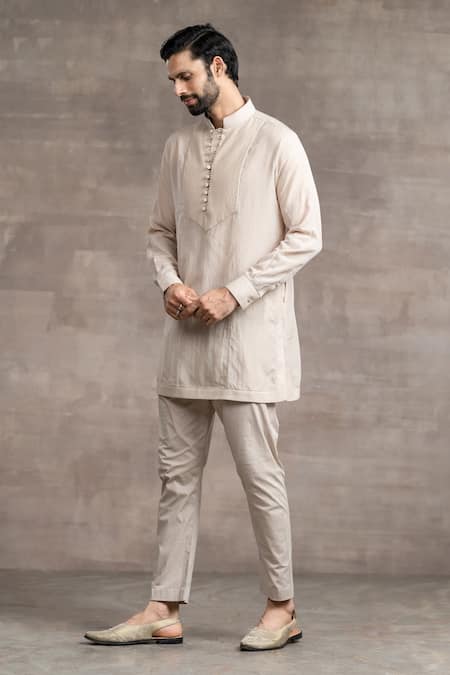 Tarun Tahiliani_Beige Sushi Voile Pintuck Yoke Kurta Pant Set_Online_at_Aza_Fashions