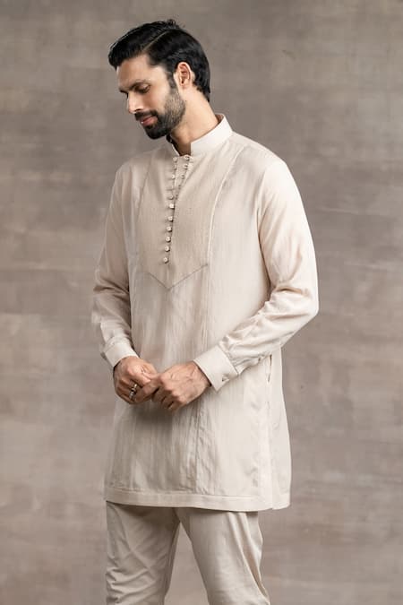 Buy_Tarun Tahiliani_Beige Sushi Voile Pintuck Yoke Kurta Pant Set_Online_at_Aza_Fashions