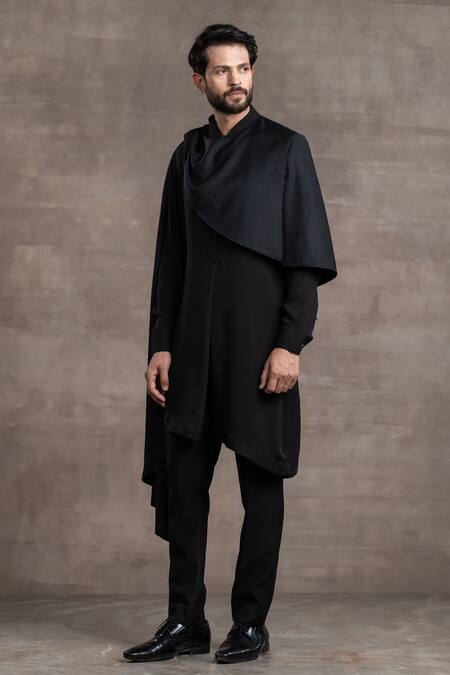 Tarun Tahiliani_Black Drape - Suiting Fabric, Kurta - Georgette, Trouser - Poplin Work Set_Online_at_Aza_Fashions