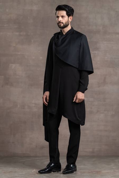 Buy_Tarun Tahiliani_Black Drape - Suiting Fabric, Kurta - Georgette, Trouser - Poplin Work Set_Online_at_Aza_Fashions