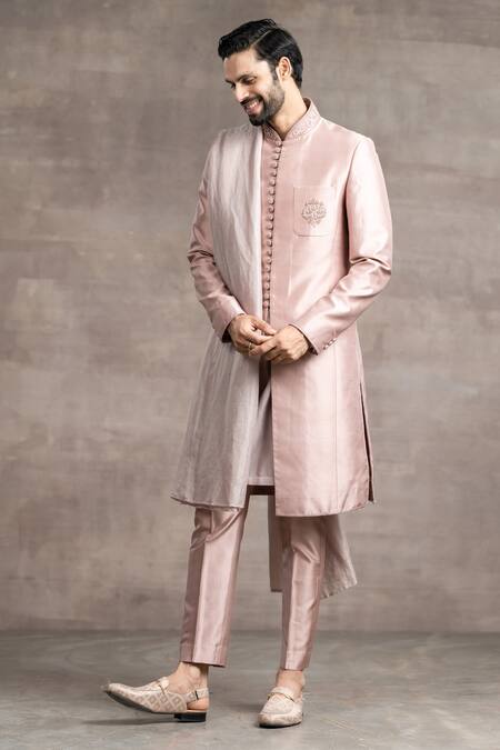 Tarun Tahiliani_Peach Kurta - Cotton, Sherwani And Trouser- Mashru French Set_Online_at_Aza_Fashions