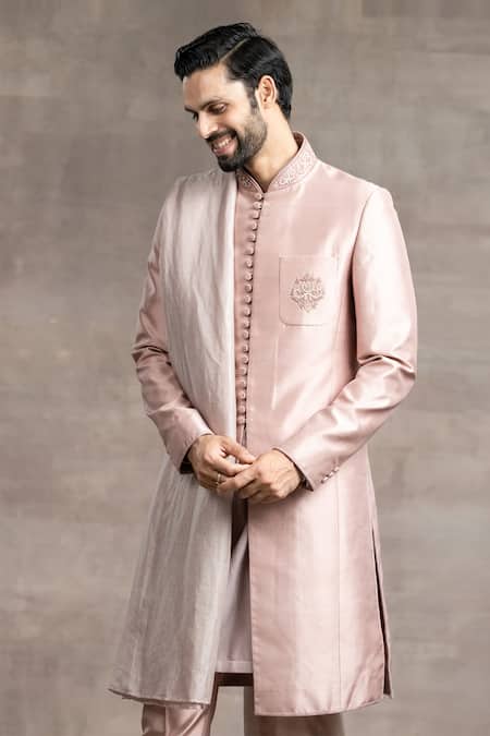 Buy_Tarun Tahiliani_Peach Kurta - Cotton, Sherwani And Trouser- Mashru French Set_Online_at_Aza_Fashions