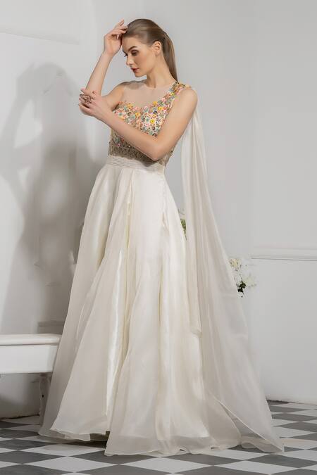 Tamaraa By Tahani_White Organza, Satin, Heavy Tulle Round Embroidered Gown _Online_at_Aza_Fashions
