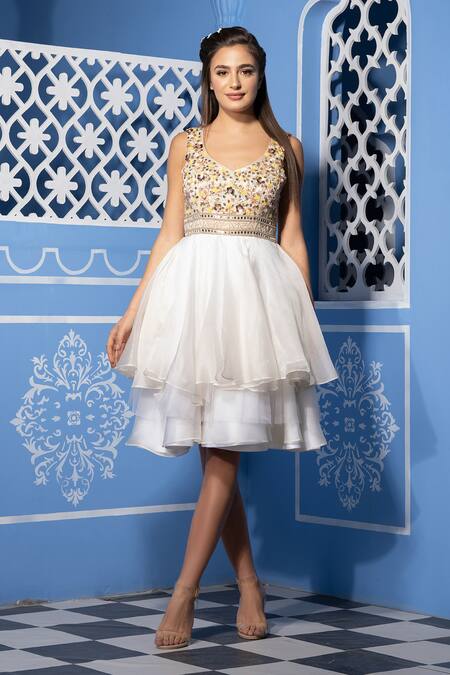 Buy_Tamaraa By Tahani_Beige Duchess Satin V Neck Embroidered Dress _Online_at_Aza_Fashions