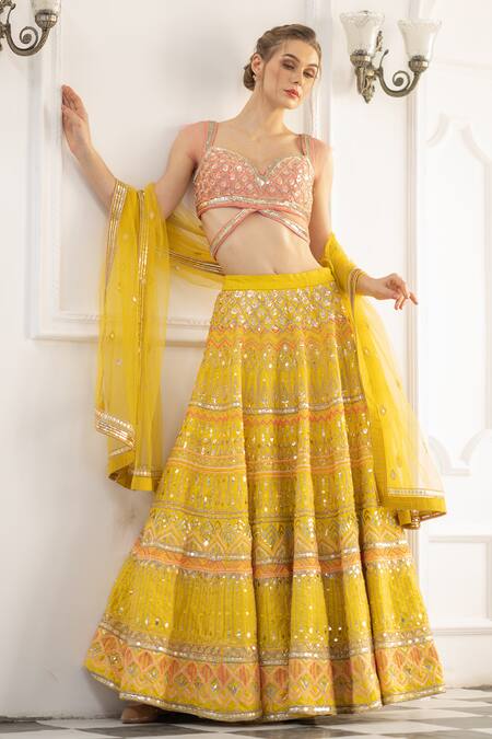 Tamaraa By Tahani_Yellow Net, Pure Raw Silk Sweetheart Neck Embroidered Bridal Lehenga Set _Online_at_Aza_Fashions