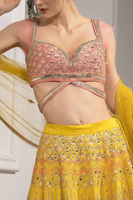 Shop Tamaraa By Tahani Yellow Net, Pure Raw Silk Sweetheart Neck Embroidered Bridal Lehenga Set Online at Aza Fashions Shop_Tamaraa By Tahani_Yellow Net, Pure Raw Silk Sweetheart Neck Embroidered Bridal Lehenga Set _Online_at_Aza_Fashions