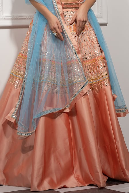 Tamaraa By Tahani Peach Net, Silk Taffeta Sweetheart Neck Embroidered Bridal Lehenga Set at Aza Fashions Tamaraa By Tahani_Peach Net, Silk Taffeta Sweetheart Neck Embroidered Bridal Lehenga Set _at_Aza_Fashions