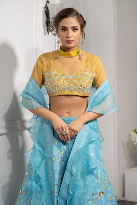 Tamaraa By Tahani_Blue Organza, Net, Silk Taffeta Sweetheart Neck Embroidered Bridal Lehenga Set_Online_at_Aza_Fashions