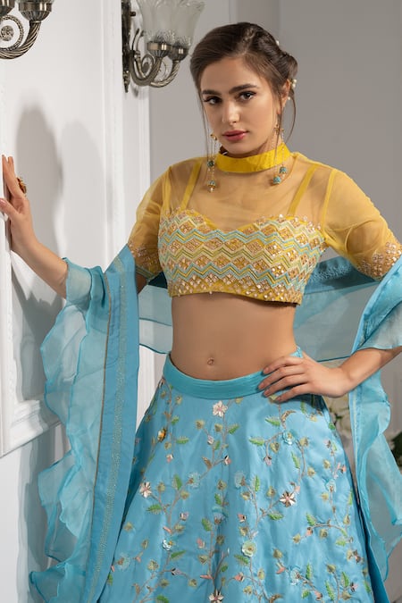 Buy_Tamaraa By Tahani_Blue Organza, Net, Silk Taffeta Sweetheart Neck Embroidered Bridal Lehenga Set_Online_at_Aza_Fashions