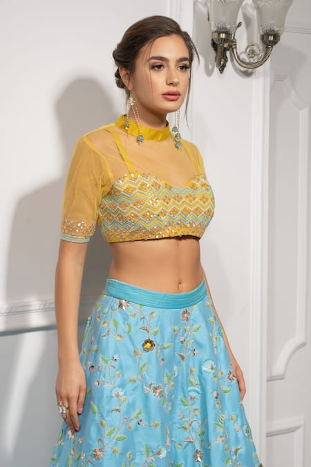 Shop_Tamaraa By Tahani_Blue Organza, Net, Silk Taffeta Sweetheart Neck Embroidered Bridal Lehenga Set_Online_at_Aza_Fashions