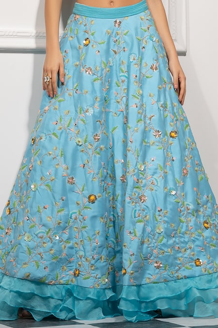 Tamaraa By Tahani_Blue Organza, Net, Silk Taffeta Sweetheart Neck Embroidered Bridal Lehenga Set_at_Aza_Fashions