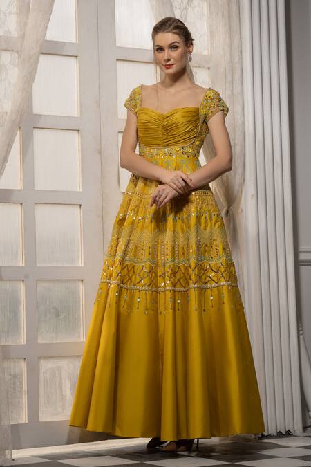 Buy_Tamaraa By Tahani_Yellow Satin , Taffeta Sweetheart Neck Embroidered Anarkali Gown_Online_at_Aza_Fashions