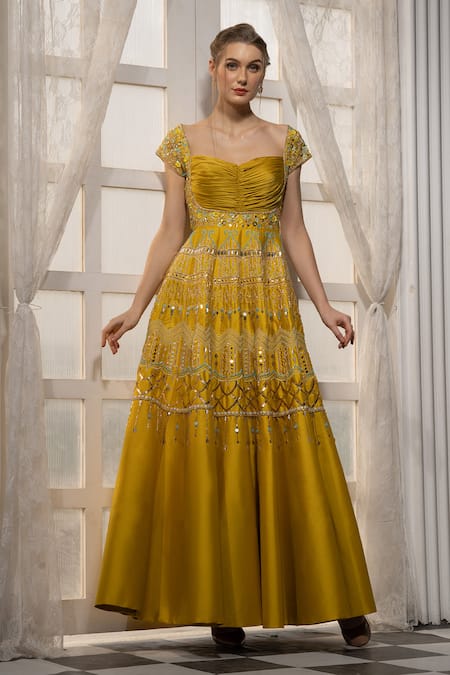 Tamaraa By Tahani_Yellow Satin , Taffeta Sweetheart Neck Embroidered Anarkali Gown_Online_at_Aza_Fashions