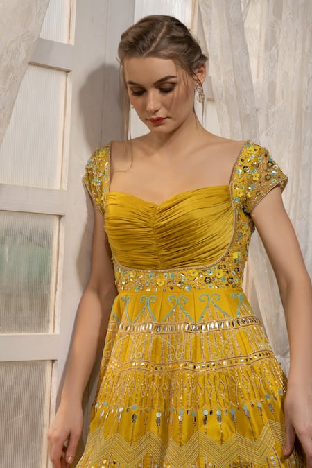 Shop_Tamaraa By Tahani_Yellow Satin , Taffeta Sweetheart Neck Embroidered Anarkali Gown_Online_at_Aza_Fashions