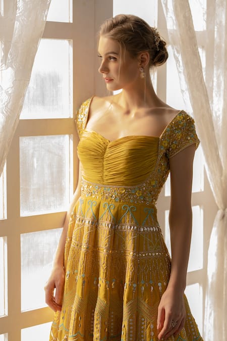 Tamaraa By Tahani_Yellow Satin , Taffeta Sweetheart Neck Embroidered Anarkali Gown_at_Aza_Fashions