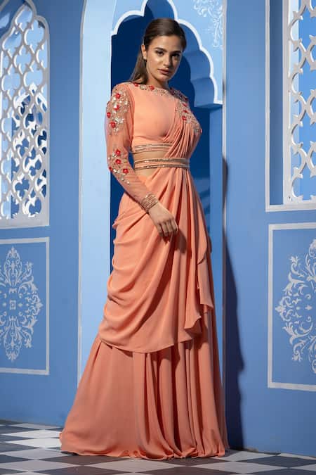 Tamaraa By Tahani_Peach Double Georgette Round Lehenga Saree With Embroidered Blouse _Online_at_Aza_Fashions