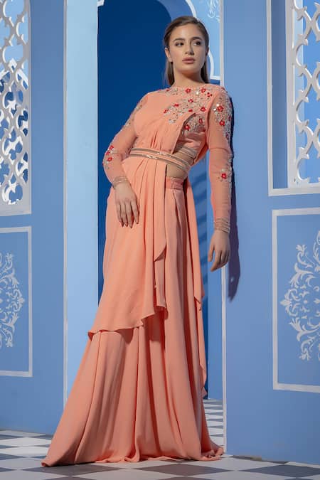 Buy_Tamaraa By Tahani_Peach Double Georgette Round Lehenga Saree With Embroidered Blouse _Online_at_Aza_Fashions