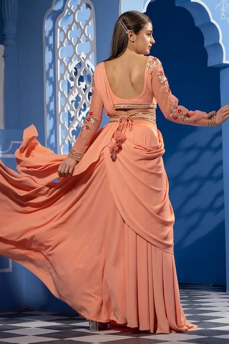 Shop_Tamaraa By Tahani_Peach Double Georgette Round Lehenga Saree With Embroidered Blouse _Online_at_Aza_Fashions